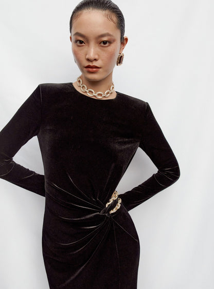 Siyah Kadife Süslemeli Uzun Elbise