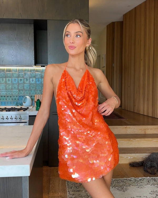 Karina | Halter Yaka Payetli Sırt Dekolteli Mini Elbise
