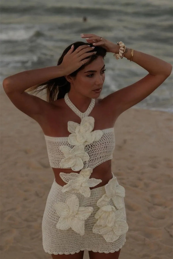 Margaret | Halter Örgü Çiçekli Mini Elbise