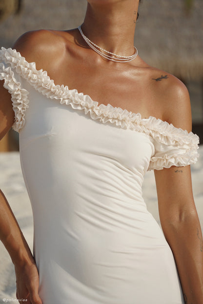 Arielle Omuz Açık Volanlı Midi Elbise - Fildişi