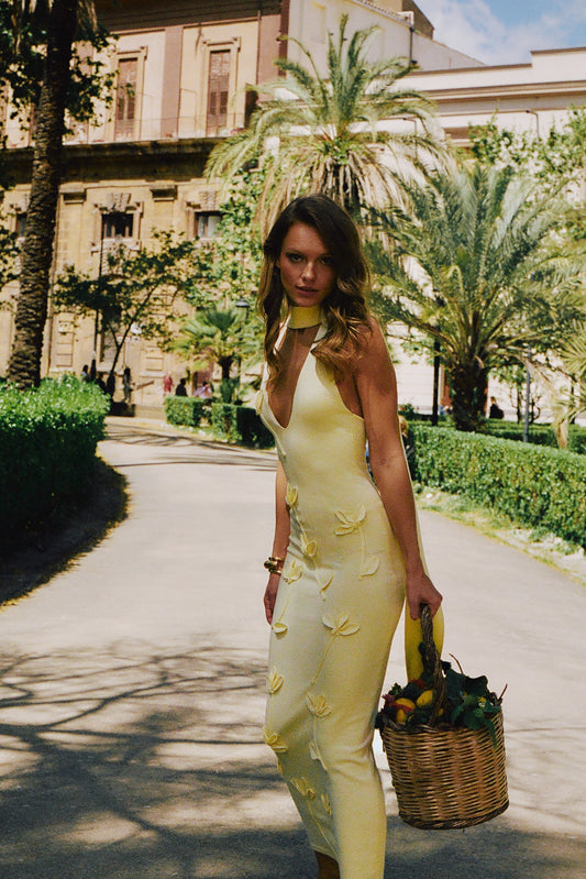 Wynn Çiçekli Örgü Midi Elbise - Limon